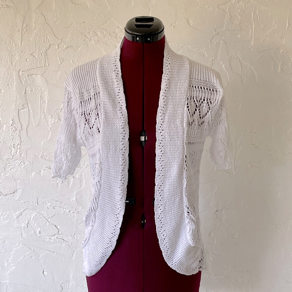 Bina White Crochet Open Front Cardigan